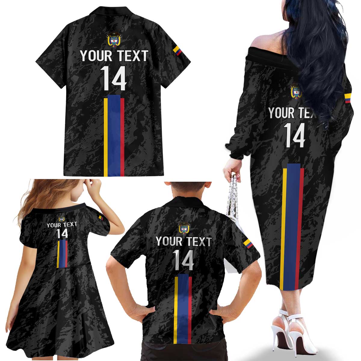 Custom Colombia Football Family Matching Off The Shoulder Long Sleeve Dress and Hawaiian Shirt 2024 Vamos La Tricolor - Black - Wonder Print Shop