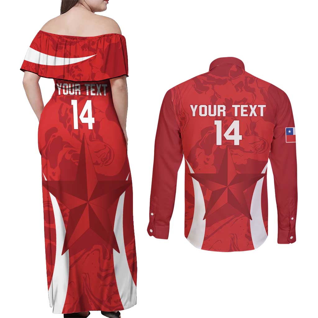 Custom Chile Football Couples Matching Off Shoulder Maxi Dress and Long Sleeve Button Shirt 2024 Vamos La Roja - Red - Wonder Print Shop