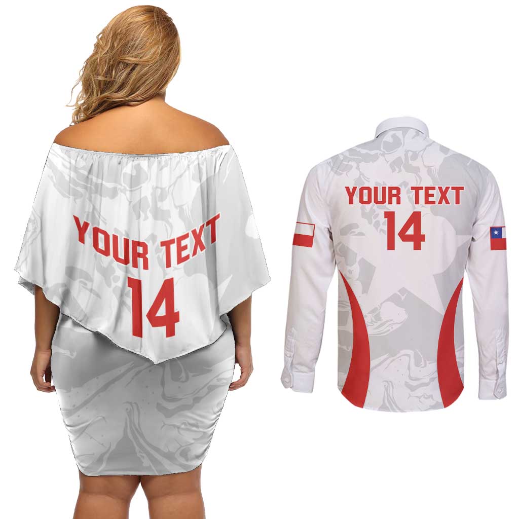 Custom Chile Football Couples Matching Off Shoulder Short Dress and Long Sleeve Button Shirt 2024 Vamos La Roja - White - Wonder Print Shop