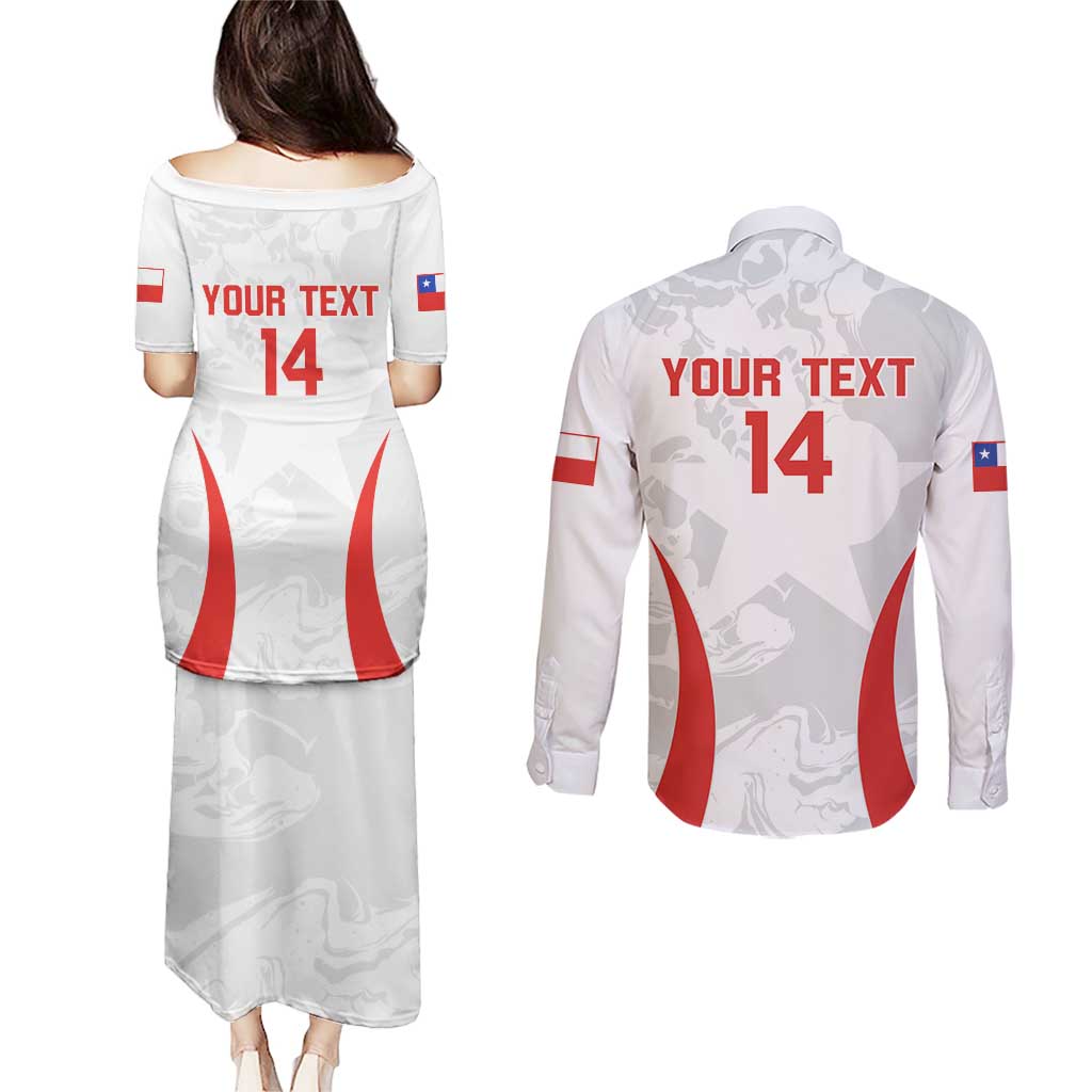 Custom Chile Football Couples Matching Puletasi and Long Sleeve Button Shirt 2024 Vamos La Roja - White - Wonder Print Shop