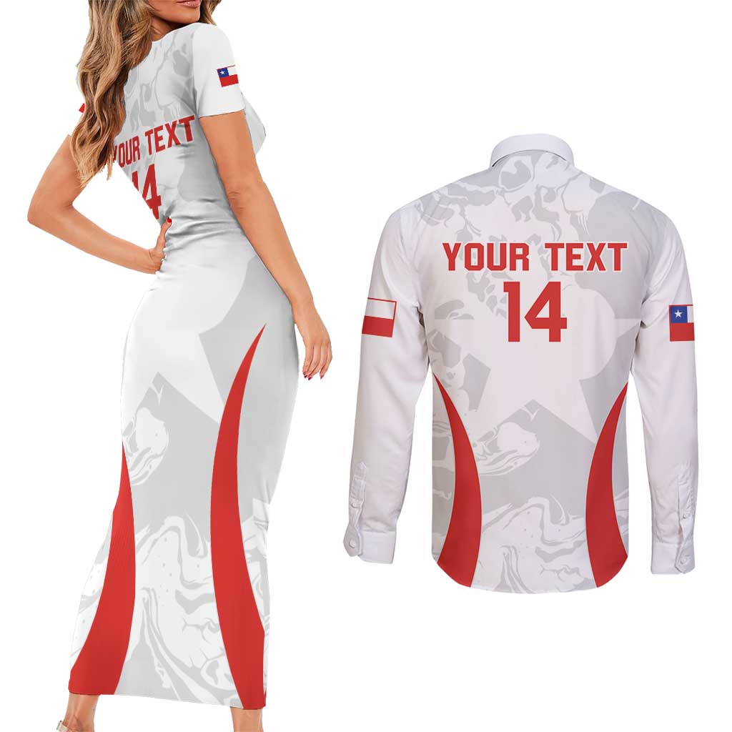 Custom Chile Football Couples Matching Short Sleeve Bodycon Dress and Long Sleeve Button Shirt 2024 Vamos La Roja - White - Wonder Print Shop