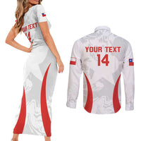 Custom Chile Football Couples Matching Short Sleeve Bodycon Dress and Long Sleeve Button Shirt 2024 Vamos La Roja - White - Wonder Print Shop