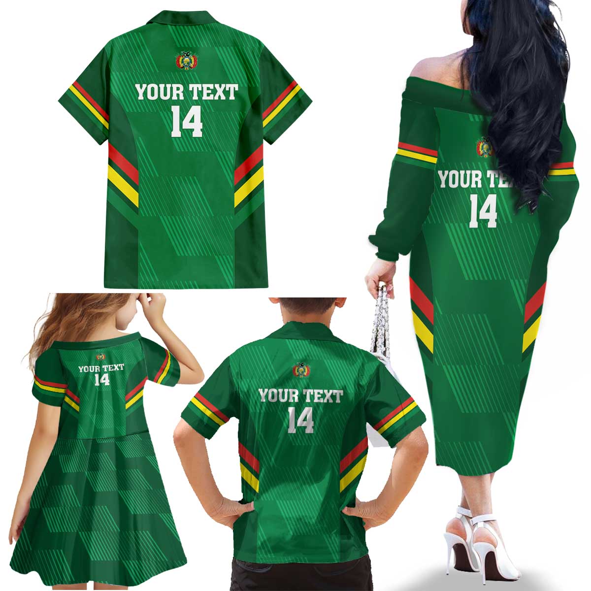 Custom Bolivia Football Family Matching Off The Shoulder Long Sleeve Dress and Hawaiian Shirt 2024 Vamos La Verde - Green - Wonder Print Shop