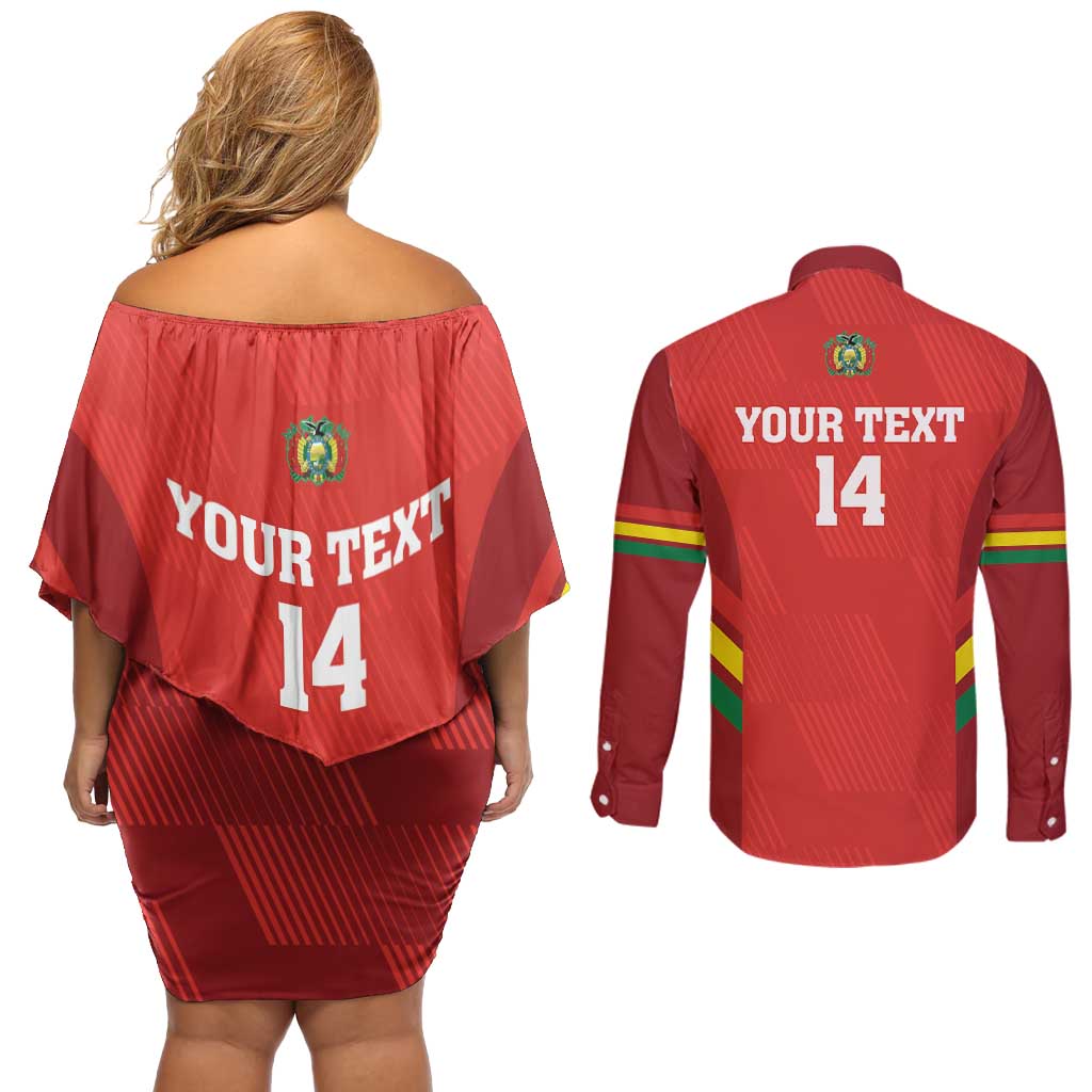 Custom Bolivia Football Couples Matching Off Shoulder Short Dress and Long Sleeve Button Shirt 2024 Vamos La Verde - Red - Wonder Print Shop