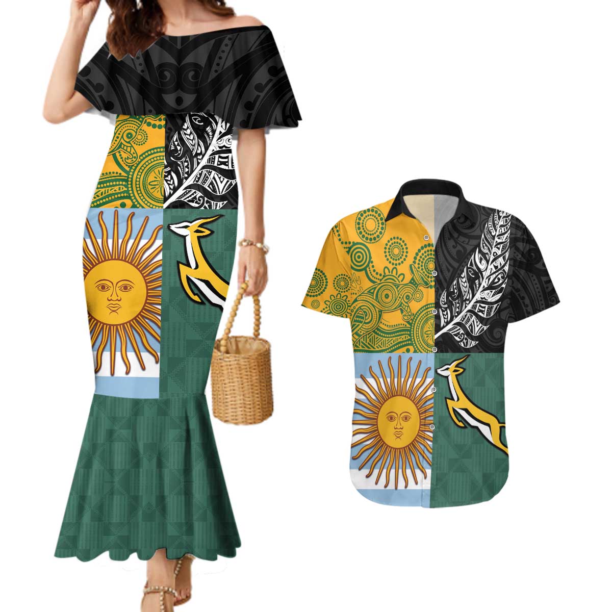 Personalised Rugby 2025 Championship Couples Matching Mermaid Dress and Hawaiian Shirt Combination of Southern Hemisphere Countries - Wonder Print Shop