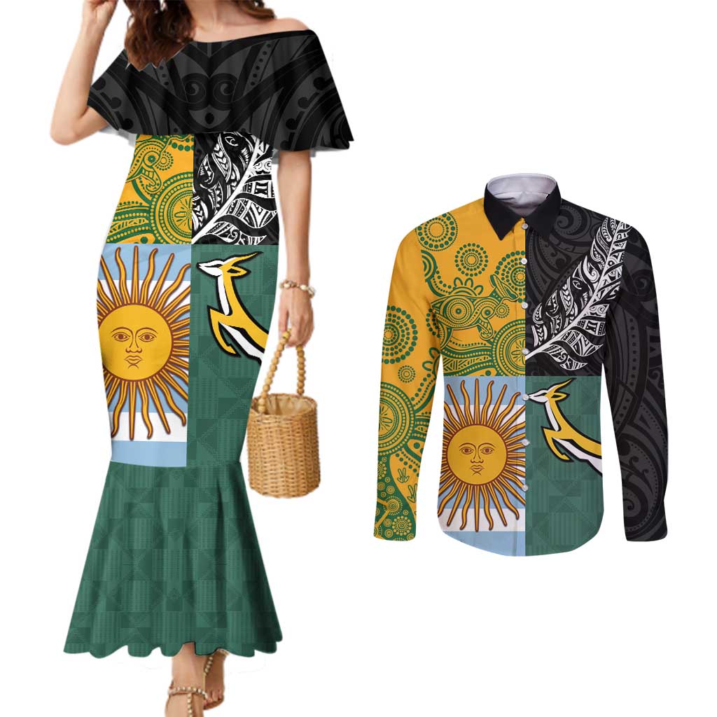 Personalised Rugby 2025 Championship Couples Matching Mermaid Dress and Long Sleeve Button Shirt Combination of Southern Hemisphere Countries - Wonder Print Shop