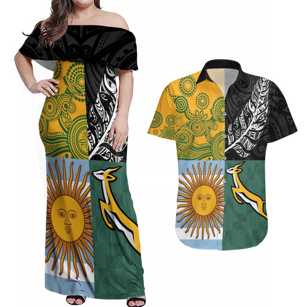 Personalised Rugby 2025 Championship Couples Matching Off Shoulder Maxi Dress and Hawaiian Shirt Combination of Southern Hemisphere Countries - Wonder Print Shop