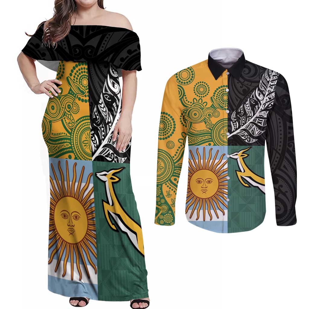 Personalised Rugby 2025 Championship Couples Matching Off Shoulder Maxi Dress and Long Sleeve Button Shirt Combination of Southern Hemisphere Countries - Wonder Print Shop