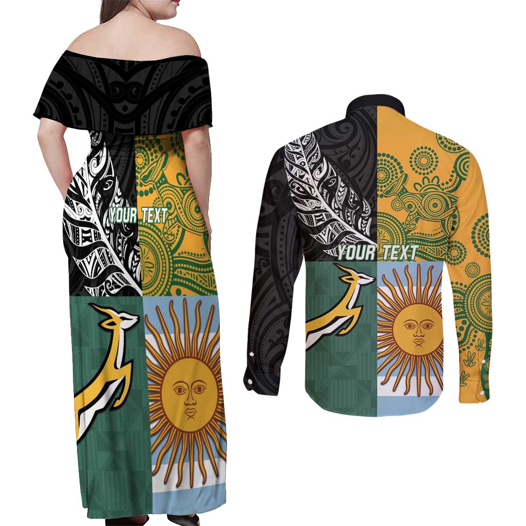 Personalised Rugby 2025 Championship Couples Matching Off Shoulder Maxi Dress and Long Sleeve Button Shirt Combination of Southern Hemisphere Countries - Wonder Print Shop