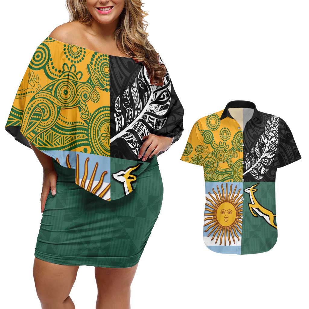 Personalised Rugby 2025 Championship Couples Matching Off Shoulder Short Dress and Hawaiian Shirt Combination of Southern Hemisphere Countries - Wonder Print Shop