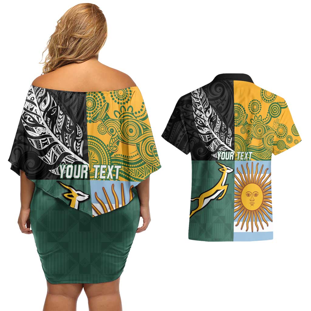 Personalised Rugby 2025 Championship Couples Matching Off Shoulder Short Dress and Hawaiian Shirt Combination of Southern Hemisphere Countries - Wonder Print Shop