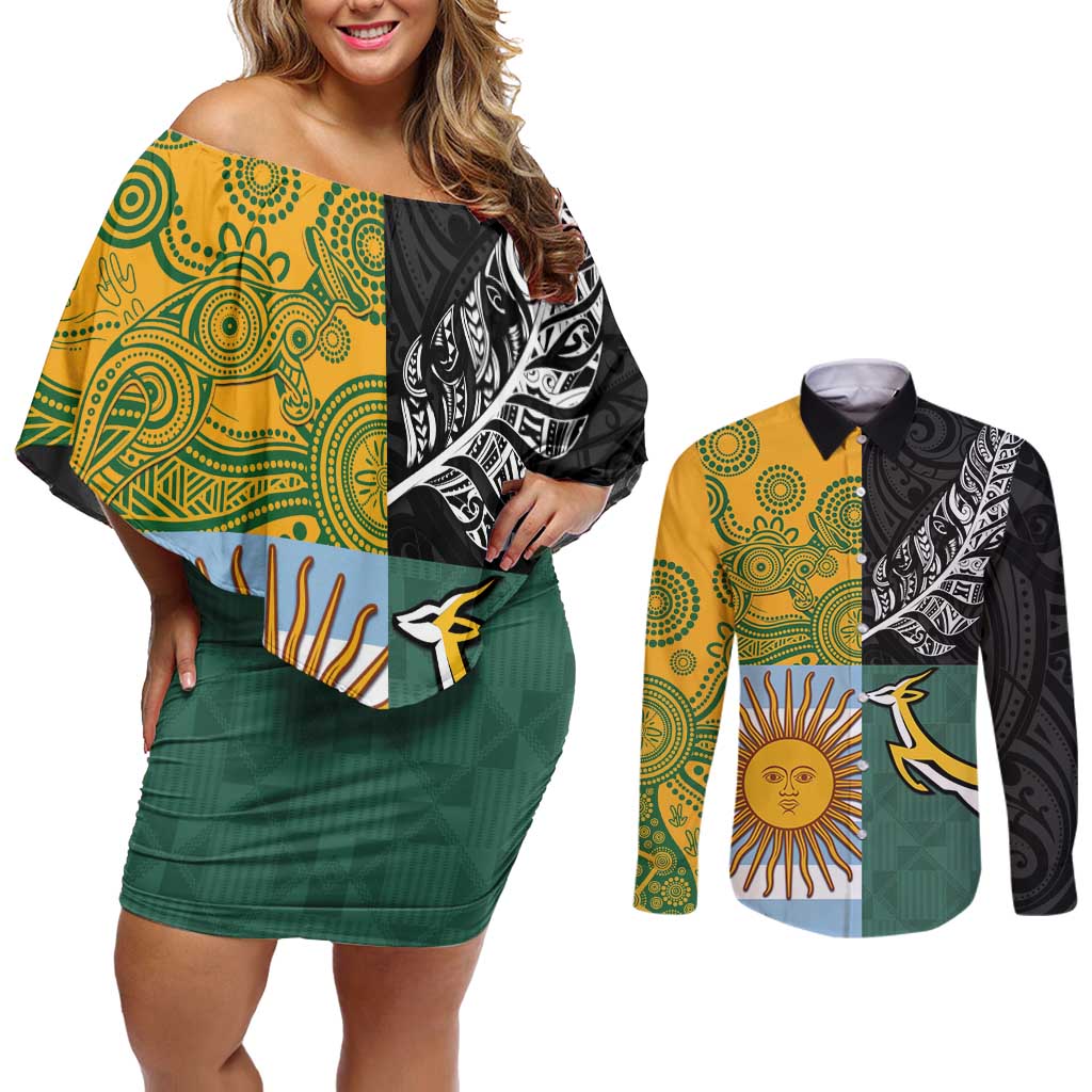 Personalised Rugby 2025 Championship Couples Matching Off Shoulder Short Dress and Long Sleeve Button Shirt Combination of Southern Hemisphere Countries - Wonder Print Shop