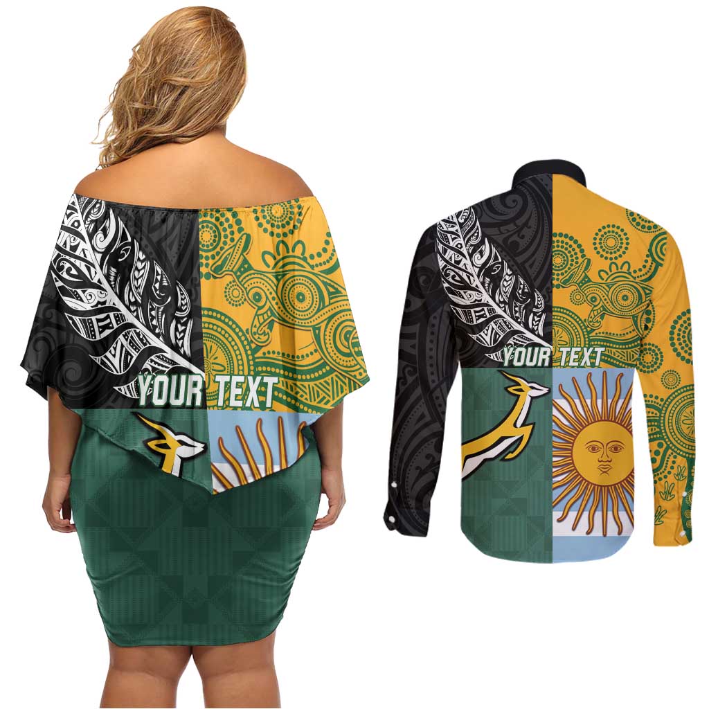 Personalised Rugby 2025 Championship Couples Matching Off Shoulder Short Dress and Long Sleeve Button Shirt Combination of Southern Hemisphere Countries - Wonder Print Shop