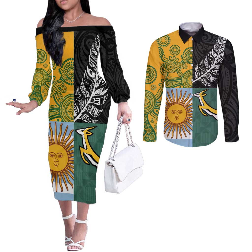 Personalised Rugby 2025 Championship Couples Matching Off The Shoulder Long Sleeve Dress and Long Sleeve Button Shirt Combination of Southern Hemisphere Countries - Wonder Print Shop