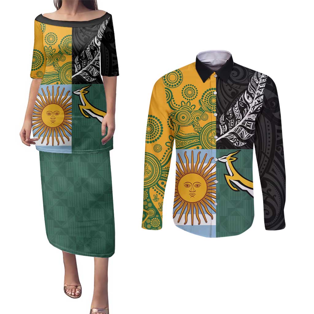 Personalised Rugby 2025 Championship Couples Matching Puletasi and Long Sleeve Button Shirt Combination of Southern Hemisphere Countries - Wonder Print Shop