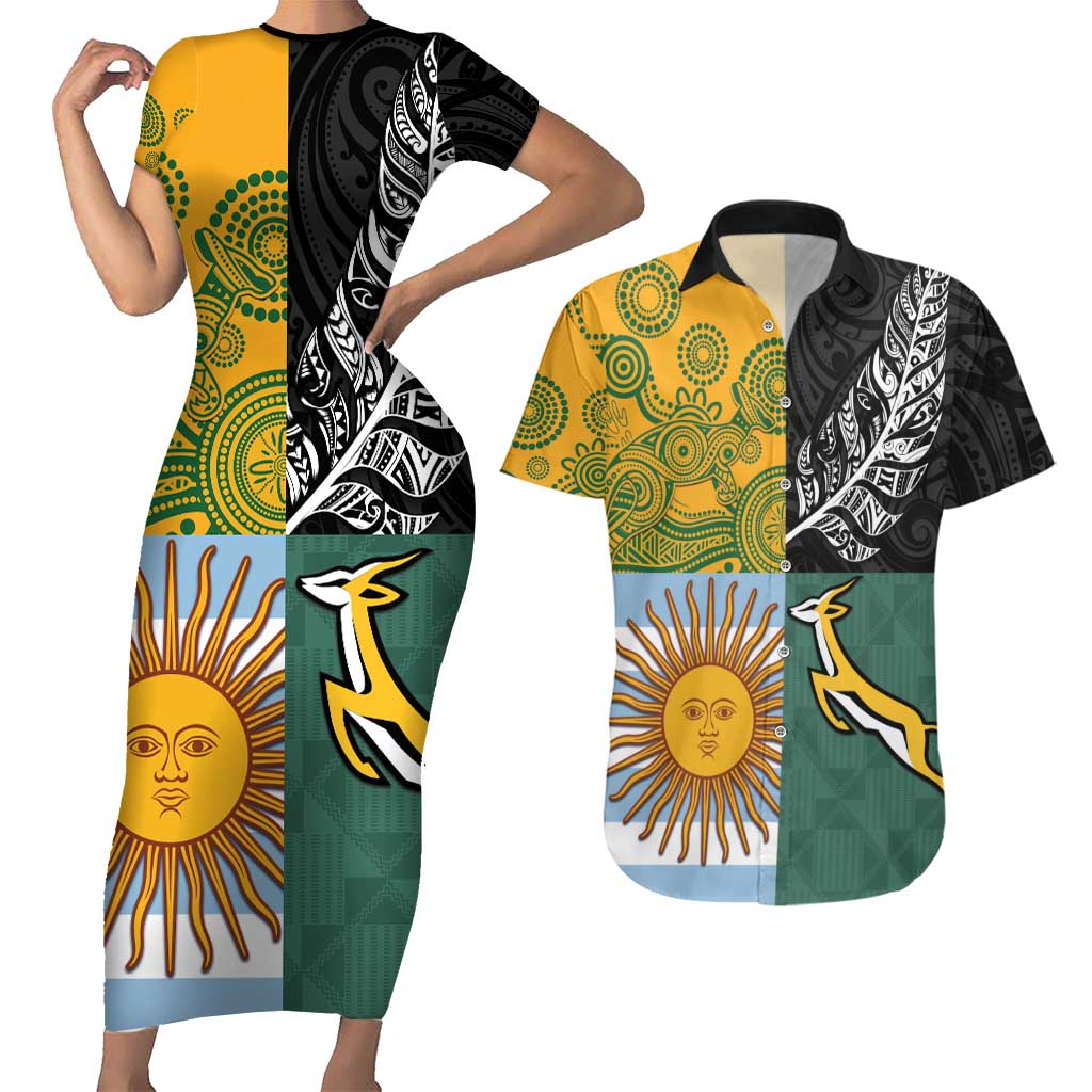 Personalised Rugby 2025 Championship Couples Matching Short Sleeve Bodycon Dress and Hawaiian Shirt Combination of Southern Hemisphere Countries - Wonder Print Shop