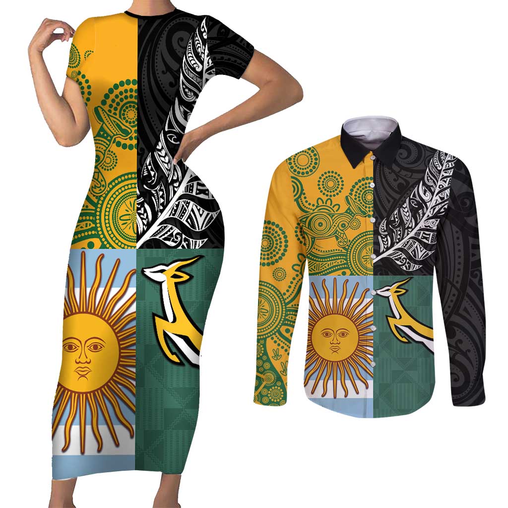 Personalised Rugby 2025 Championship Couples Matching Short Sleeve Bodycon Dress and Long Sleeve Button Shirt Combination of Southern Hemisphere Countries - Wonder Print Shop