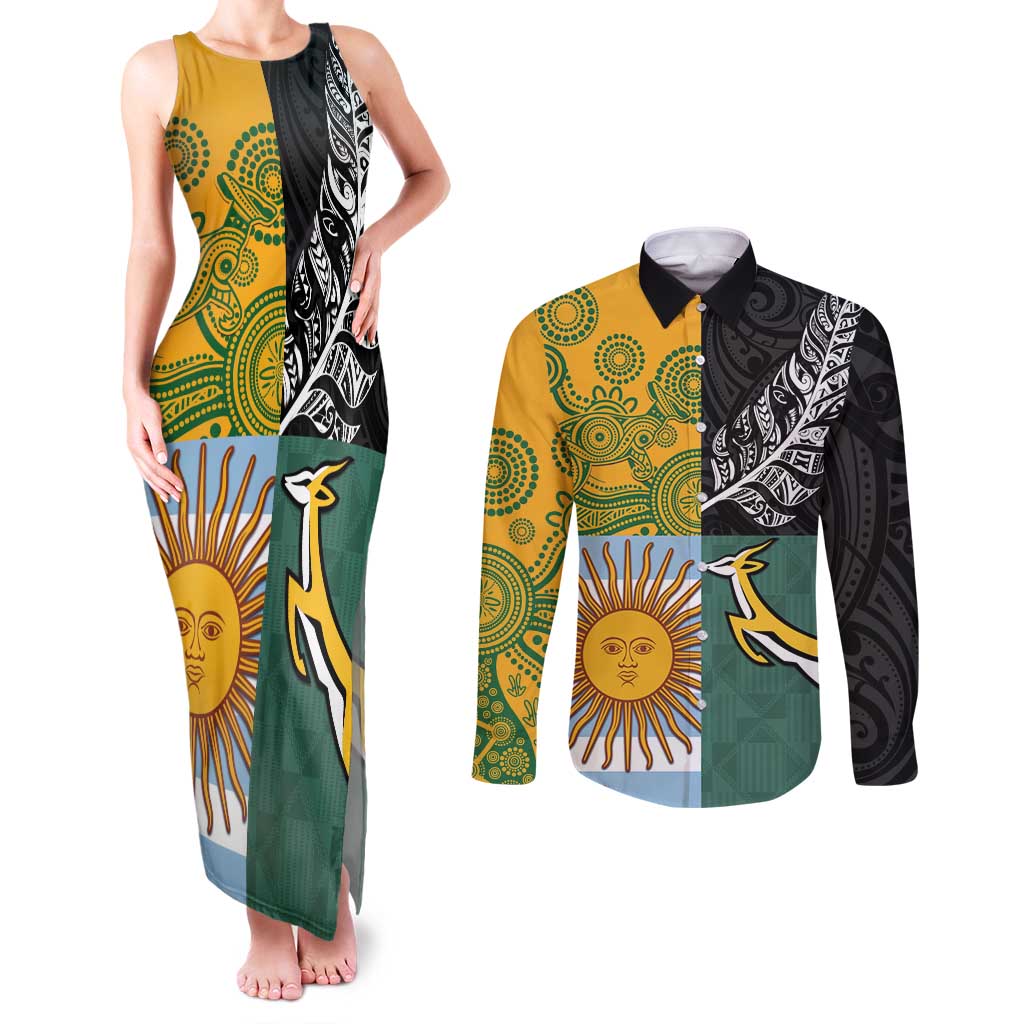 Personalised Rugby 2025 Championship Couples Matching Tank Maxi Dress and Long Sleeve Button Shirt Combination of Southern Hemisphere Countries - Wonder Print Shop