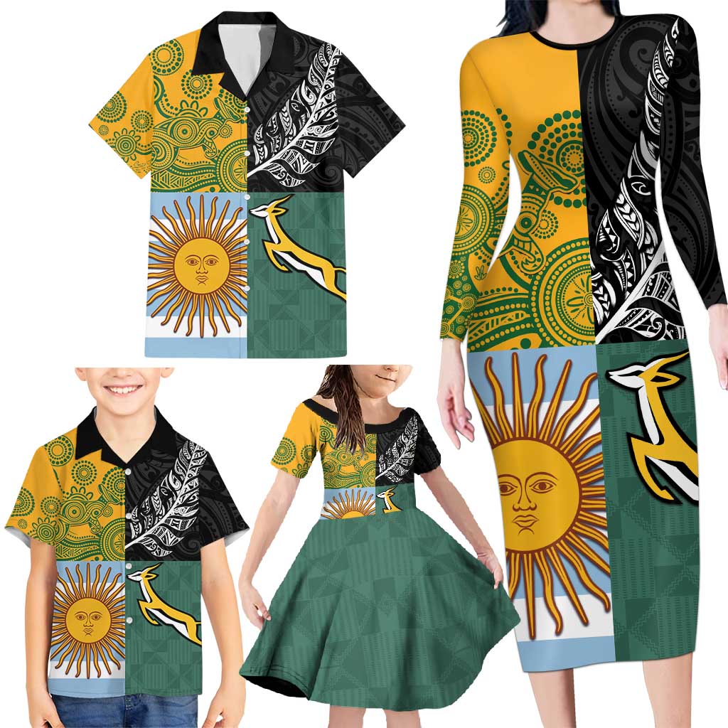Personalised Rugby 2025 Championship Family Matching Long Sleeve Bodycon Dress and Hawaiian Shirt Combination of Southern Hemisphere Countries - Wonder Print Shop