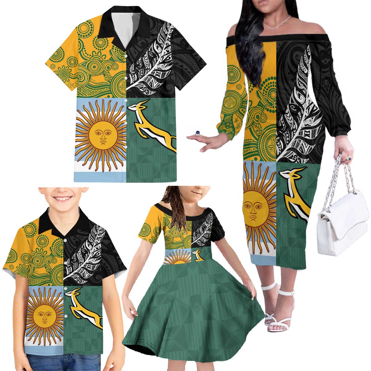 Personalised Rugby 2025 Championship Family Matching Off The Shoulder Long Sleeve Dress and Hawaiian Shirt Combination of Southern Hemisphere Countries - Wonder Print Shop