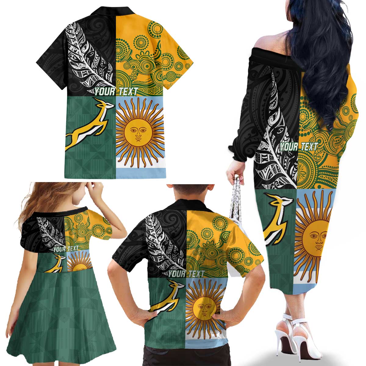 Personalised Rugby 2025 Championship Family Matching Off The Shoulder Long Sleeve Dress and Hawaiian Shirt Combination of Southern Hemisphere Countries - Wonder Print Shop