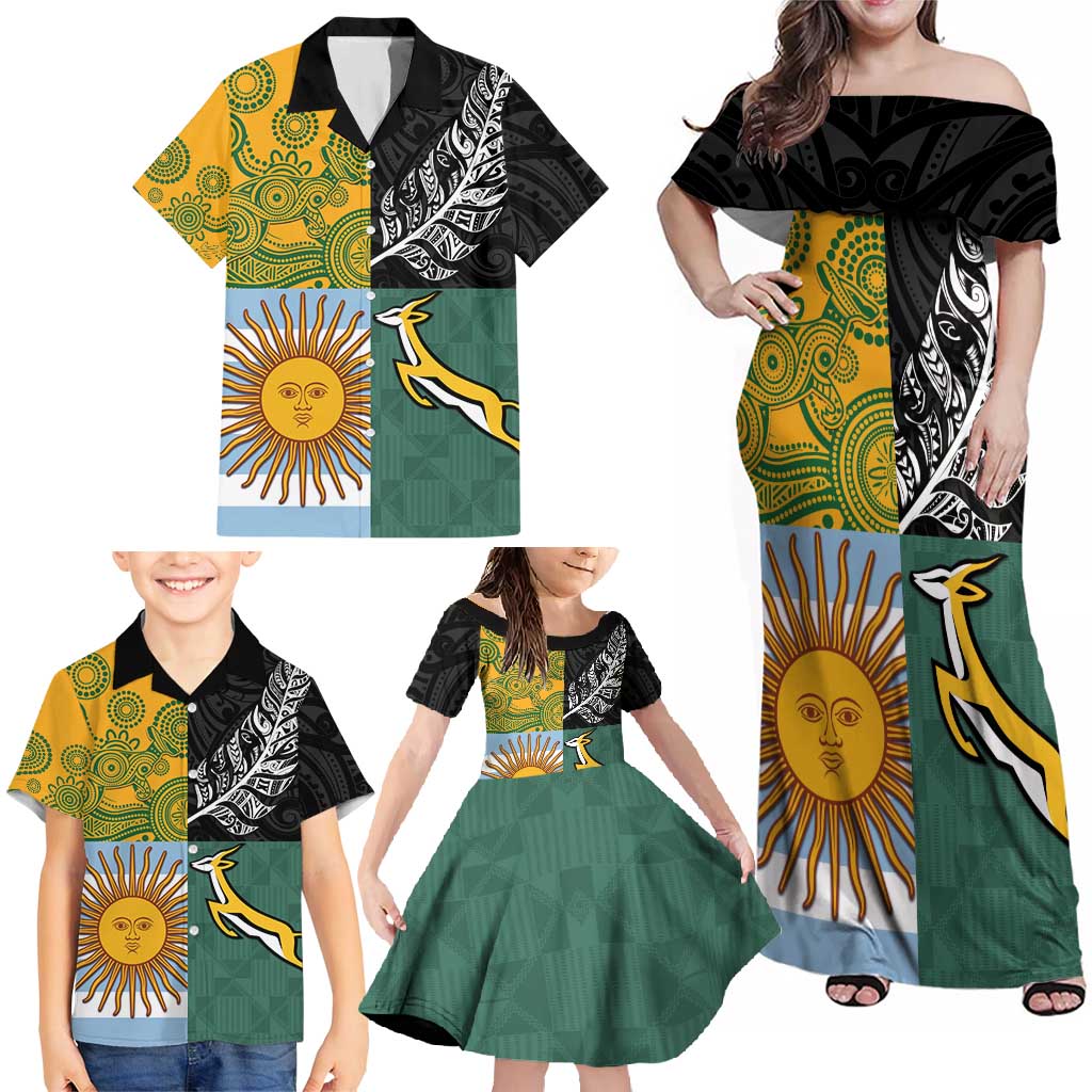 Personalised Rugby 2025 Championship Family Matching Off Shoulder Maxi Dress and Hawaiian Shirt Combination of Southern Hemisphere Countries - Wonder Print Shop