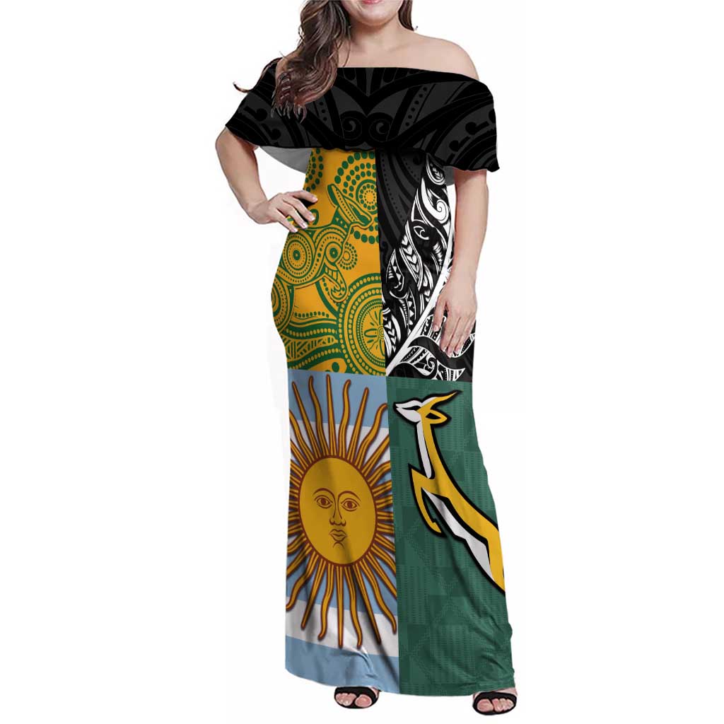 Personalised Rugby 2025 Championship Family Matching Off Shoulder Maxi Dress and Hawaiian Shirt Combination of Southern Hemisphere Countries - Wonder Print Shop