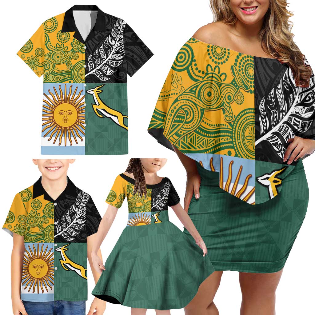 Personalised Rugby 2025 Championship Family Matching Off Shoulder Short Dress and Hawaiian Shirt Combination of Southern Hemisphere Countries - Wonder Print Shop
