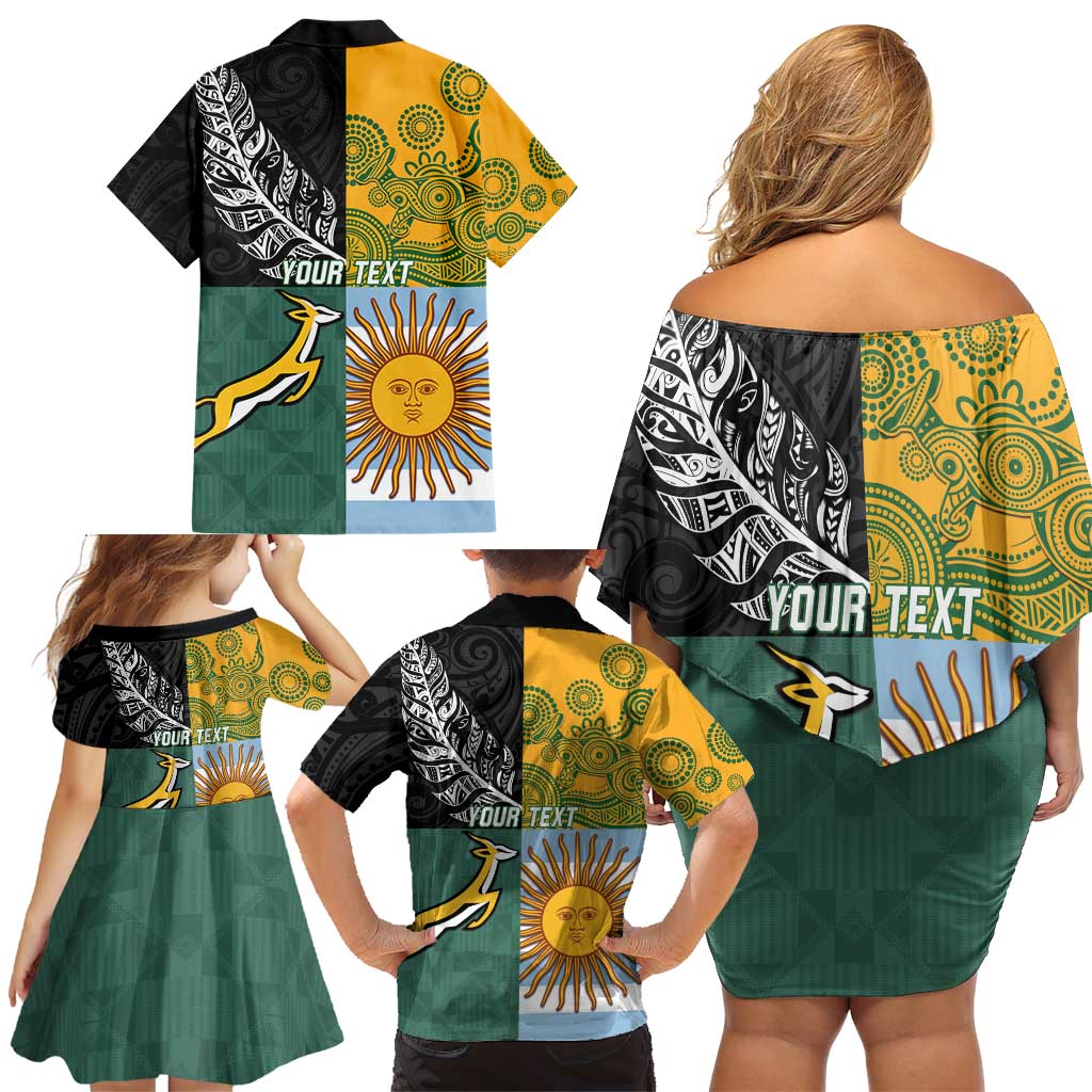 Personalised Rugby 2025 Championship Family Matching Off Shoulder Short Dress and Hawaiian Shirt Combination of Southern Hemisphere Countries - Wonder Print Shop