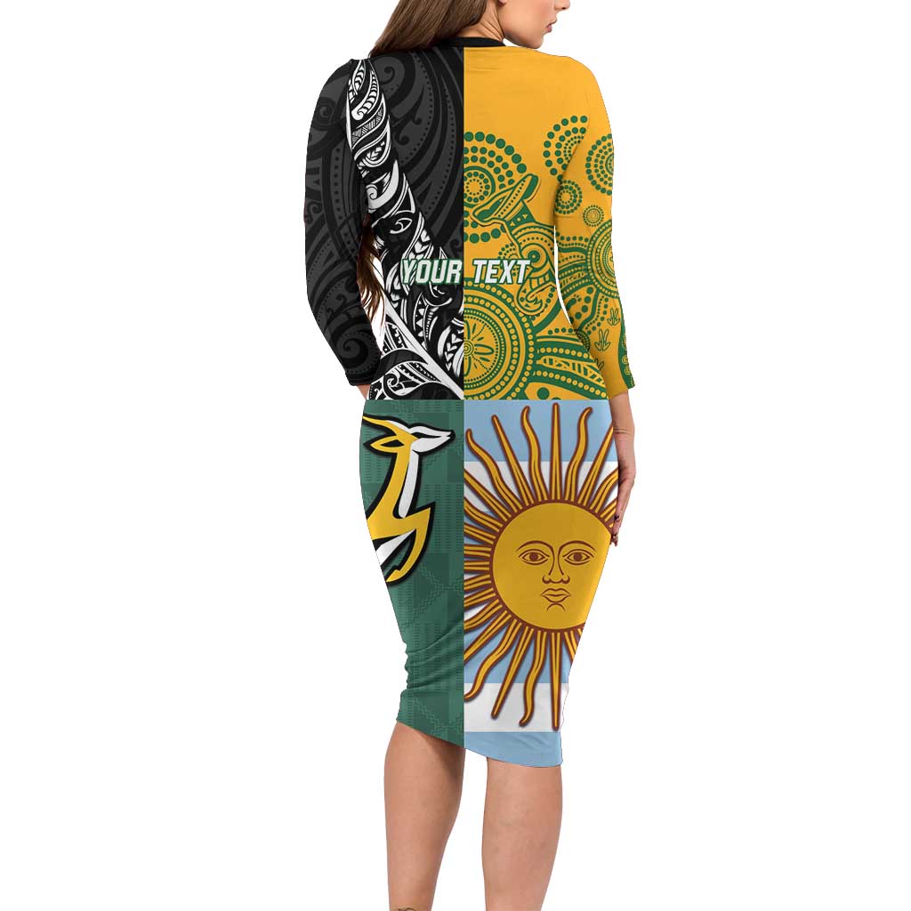Personalised Rugby 2025 Championship Long Sleeve Bodycon Dress Combination of Southern Hemisphere Countries - Wonder Print Shop