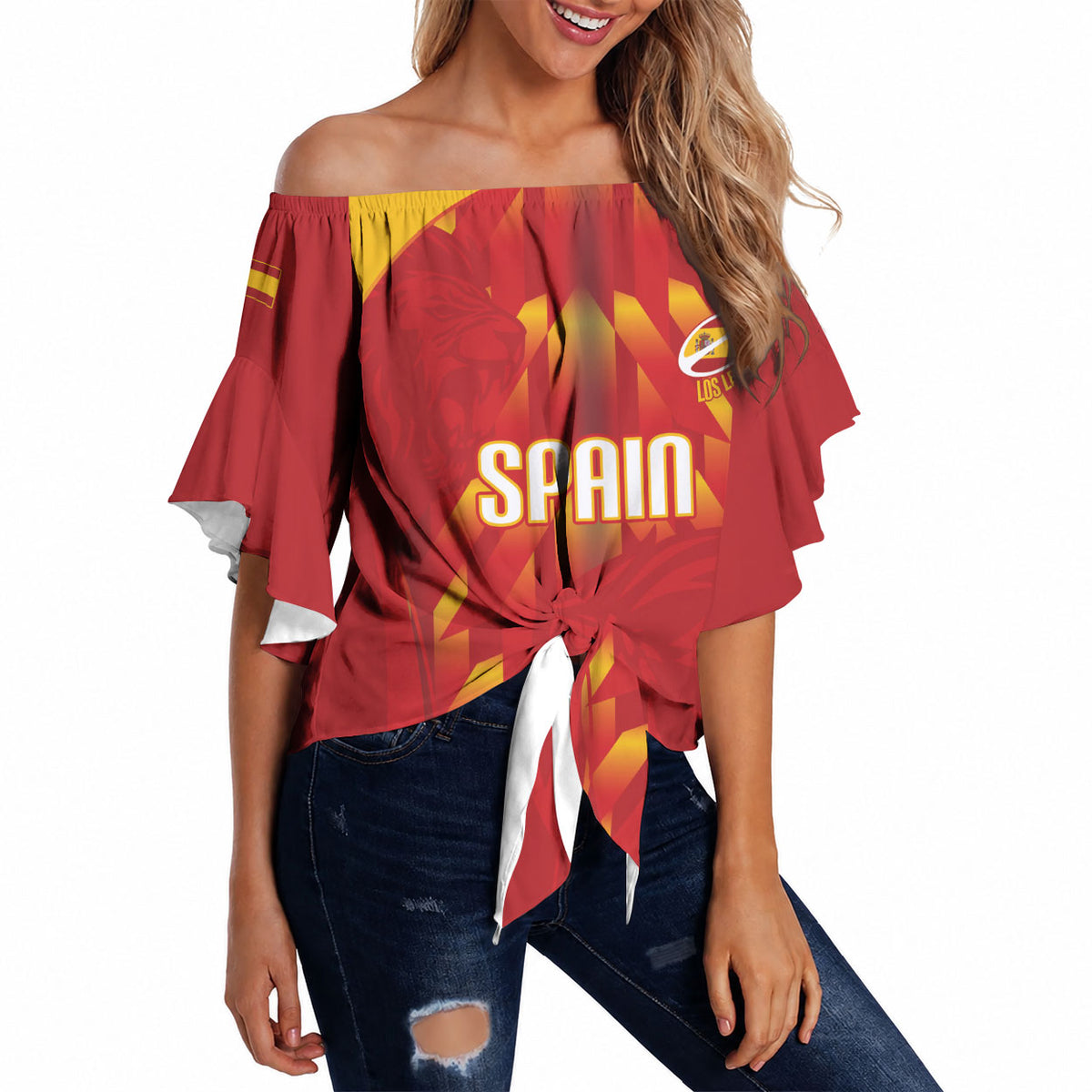 Custom Spain Rugby 2026 Off Shoulder Wrap Waist Top Vamos Los Leones Red Version
