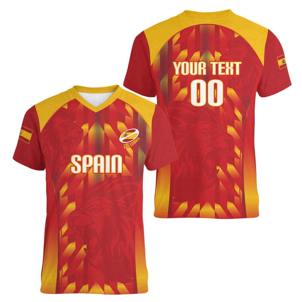 Custom Spain Rugby 2026 Women V-Neck T-Shirt Vamos Los Leones Red Version