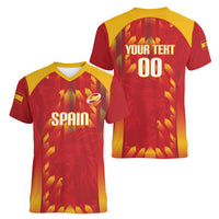 Custom Spain Rugby 2026 Women V-Neck T-Shirt Vamos Los Leones Red Version