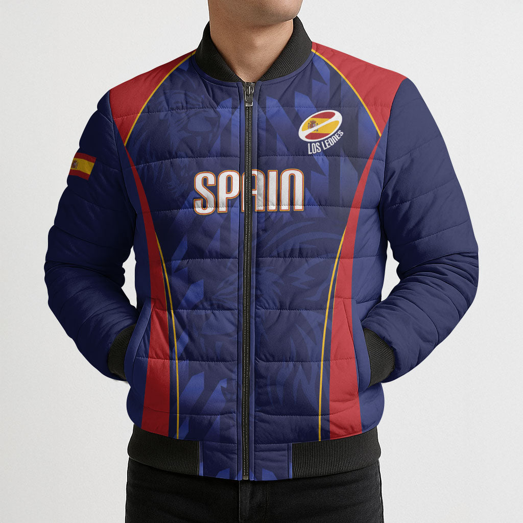 Custom Spain Rugby 2026 Bomber Puffer Jacket Vamos Los Leones Blue Version