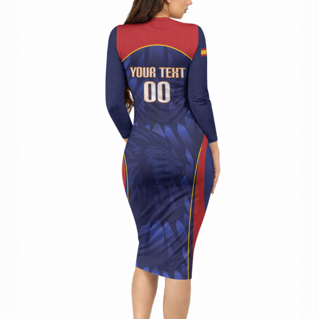 Custom Spain Rugby 2026 Long Sleeve Bodycon Dress Vamos Los Leones Blue Version