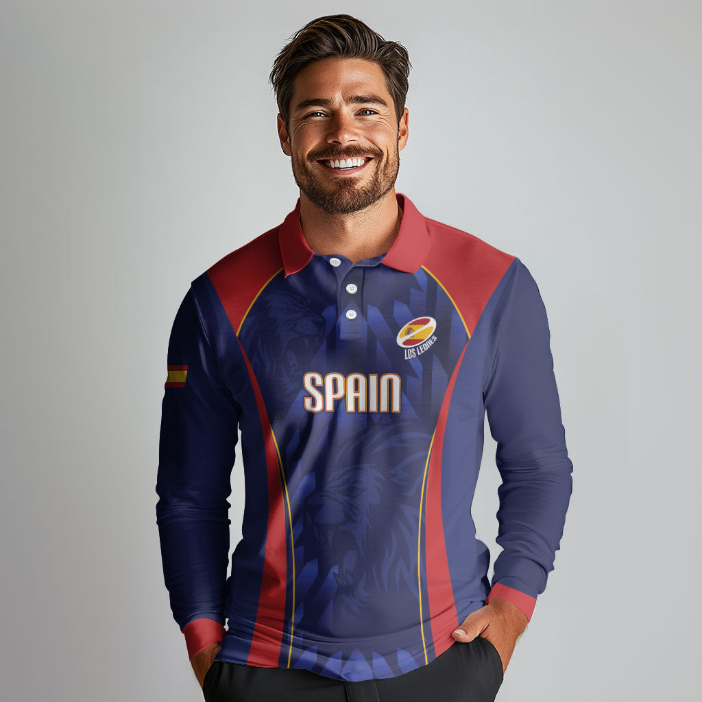 Custom Spain Rugby 2026 Long Sleeve Polo Shirt Vamos Los Leones Blue Version