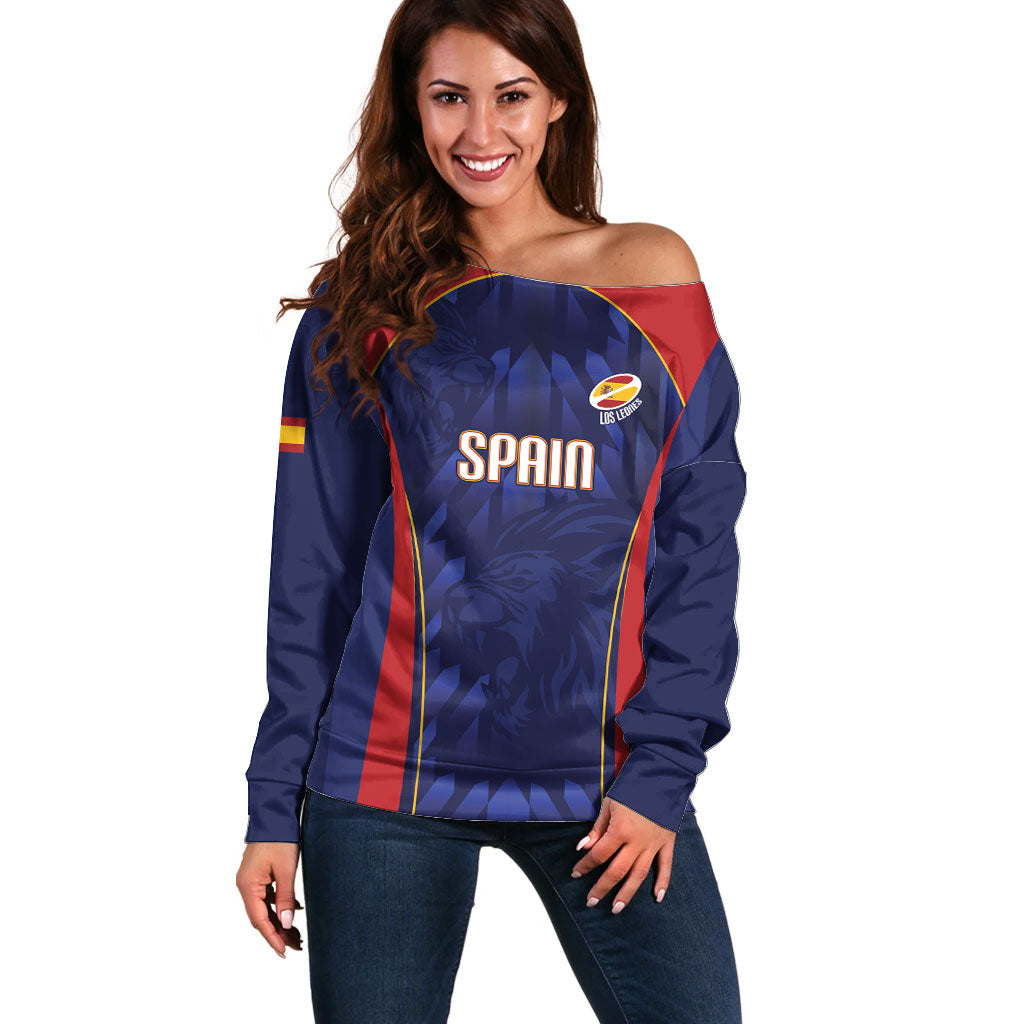 Custom Spain Rugby 2026 Off Shoulder Sweater Vamos Los Leones Blue Version