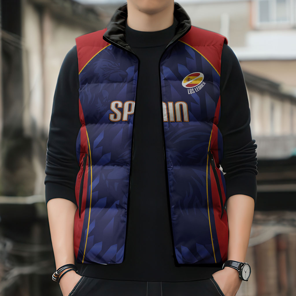 Custom Spain Rugby 2026 Sleeveless Puffer Jacket Vamos Los Leones Blue Version