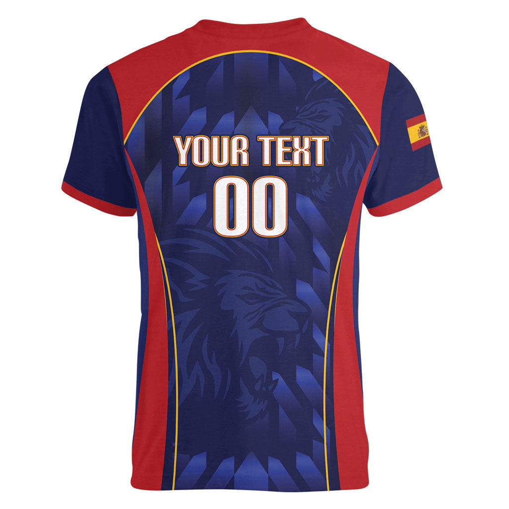 Custom Spain Rugby 2026 Women V-Neck T-Shirt Vamos Los Leones Blue Version
