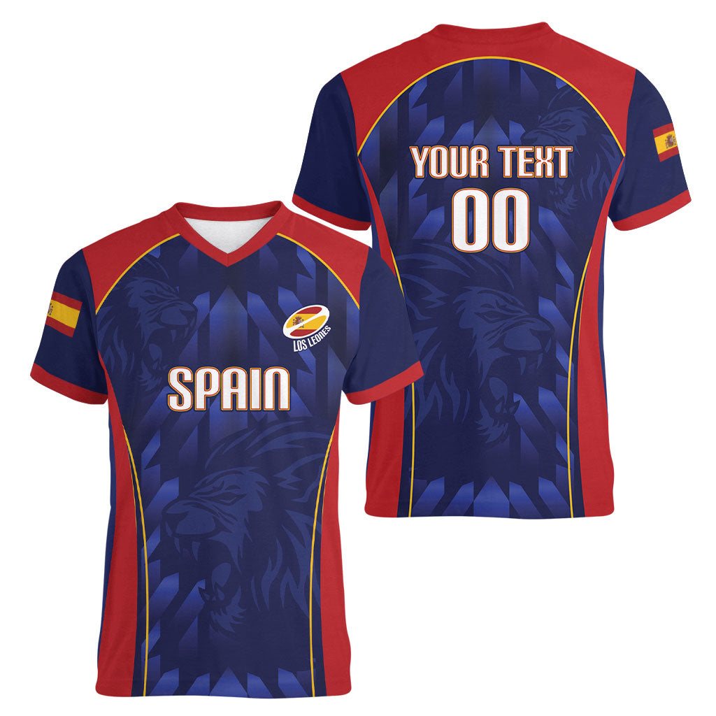 Custom Spain Rugby 2026 Women V-Neck T-Shirt Vamos Los Leones Blue Version