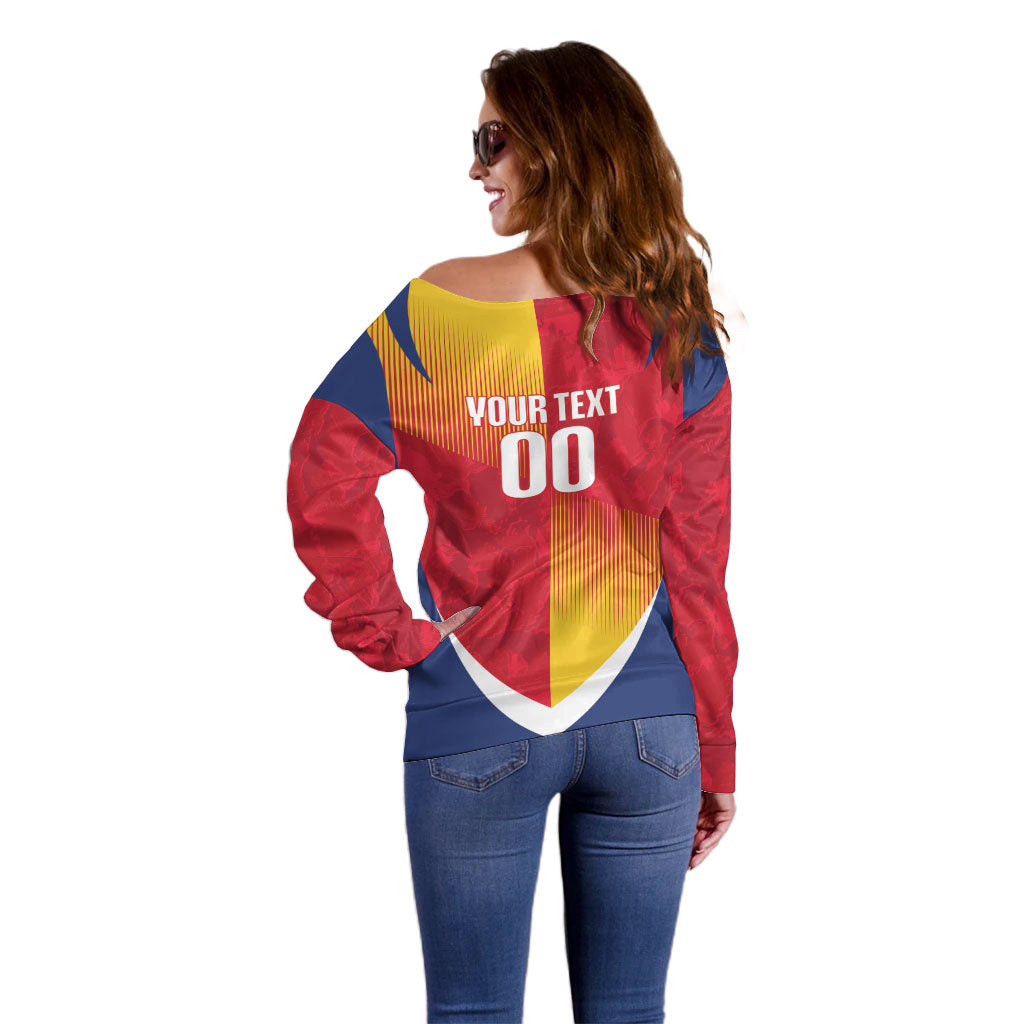 Custom Romania Rugby 2026 Off Shoulder Sweater Stejarii Oak Leaf Symbol