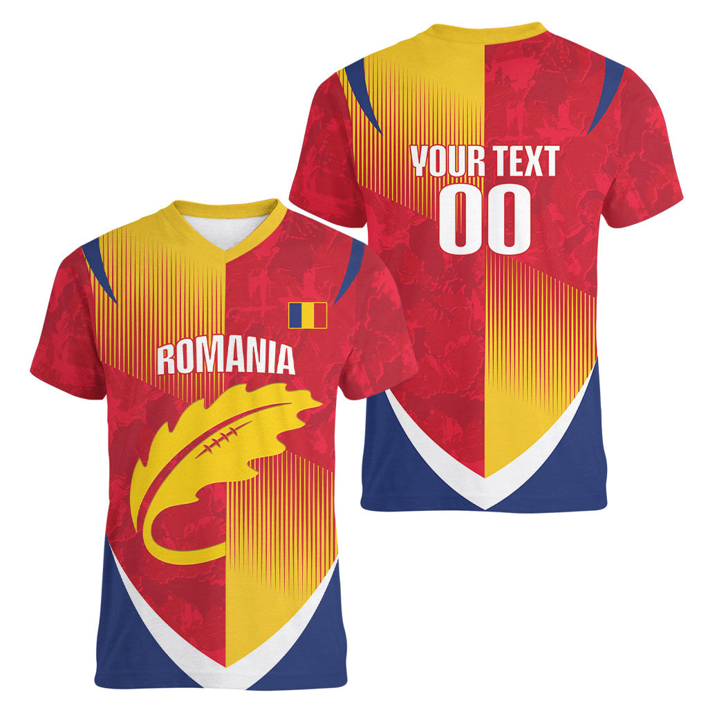 Custom Romania Rugby 2026 Women V-Neck T-Shirt Stejarii Oak Leaf Symbol