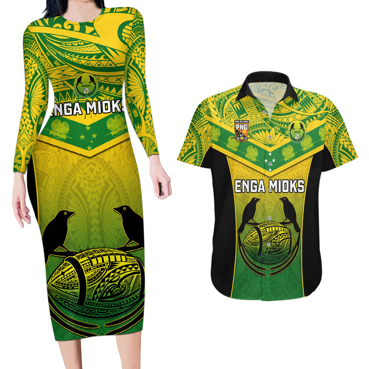 Papua New Guinea Rugby Couples Matching Long Sleeve Bodycon Dress and Hawaiian Shirt Enga Mioks PNG Polynesian Pattern - Wonder Print Shop