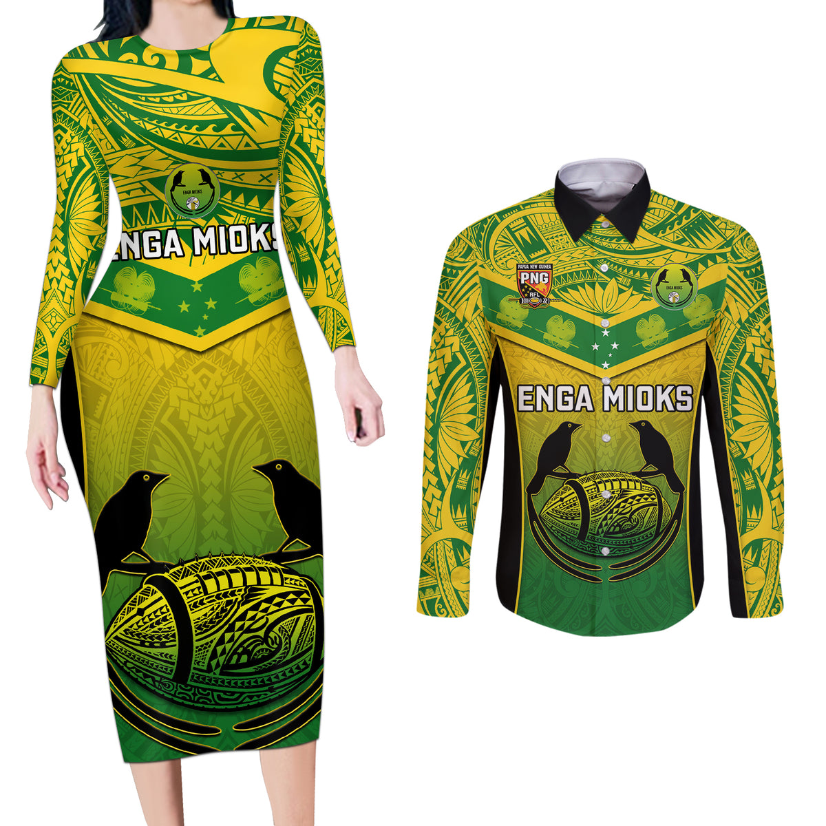 Papua New Guinea Rugby Couples Matching Long Sleeve Bodycon Dress and Long Sleeve Button Shirts Enga Mioks PNG Polynesian Pattern - Wonder Print Shop