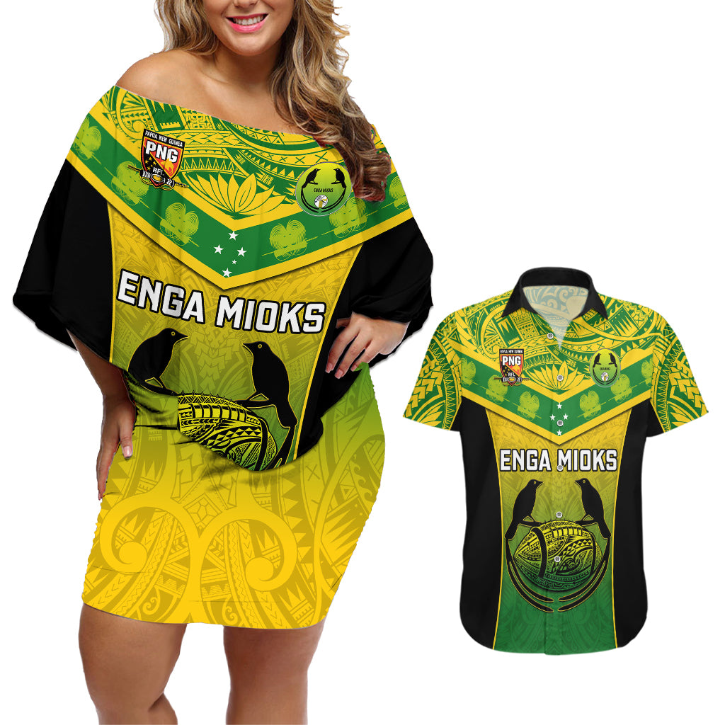 Papua New Guinea Rugby Couples Matching Off Shoulder Short Dress and Hawaiian Shirt Enga Mioks PNG Polynesian Pattern - Wonder Print Shop