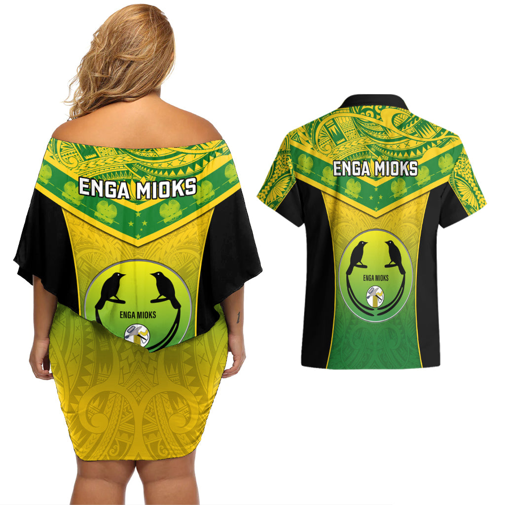 Papua New Guinea Rugby Couples Matching Off Shoulder Short Dress and Hawaiian Shirt Enga Mioks PNG Polynesian Pattern - Wonder Print Shop