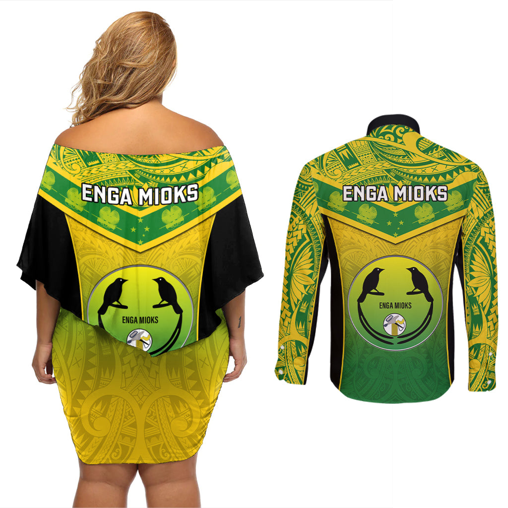 Papua New Guinea Rugby Couples Matching Off Shoulder Short Dress and Long Sleeve Button Shirts Enga Mioks PNG Polynesian Pattern - Wonder Print Shop