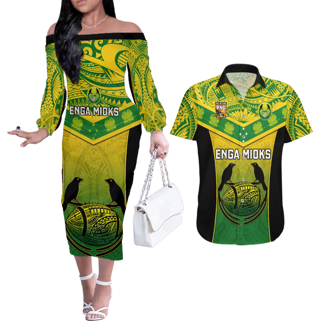 Papua New Guinea Rugby Couples Matching Off The Shoulder Long Sleeve Dress and Hawaiian Shirt Enga Mioks PNG Polynesian Pattern - Wonder Print Shop