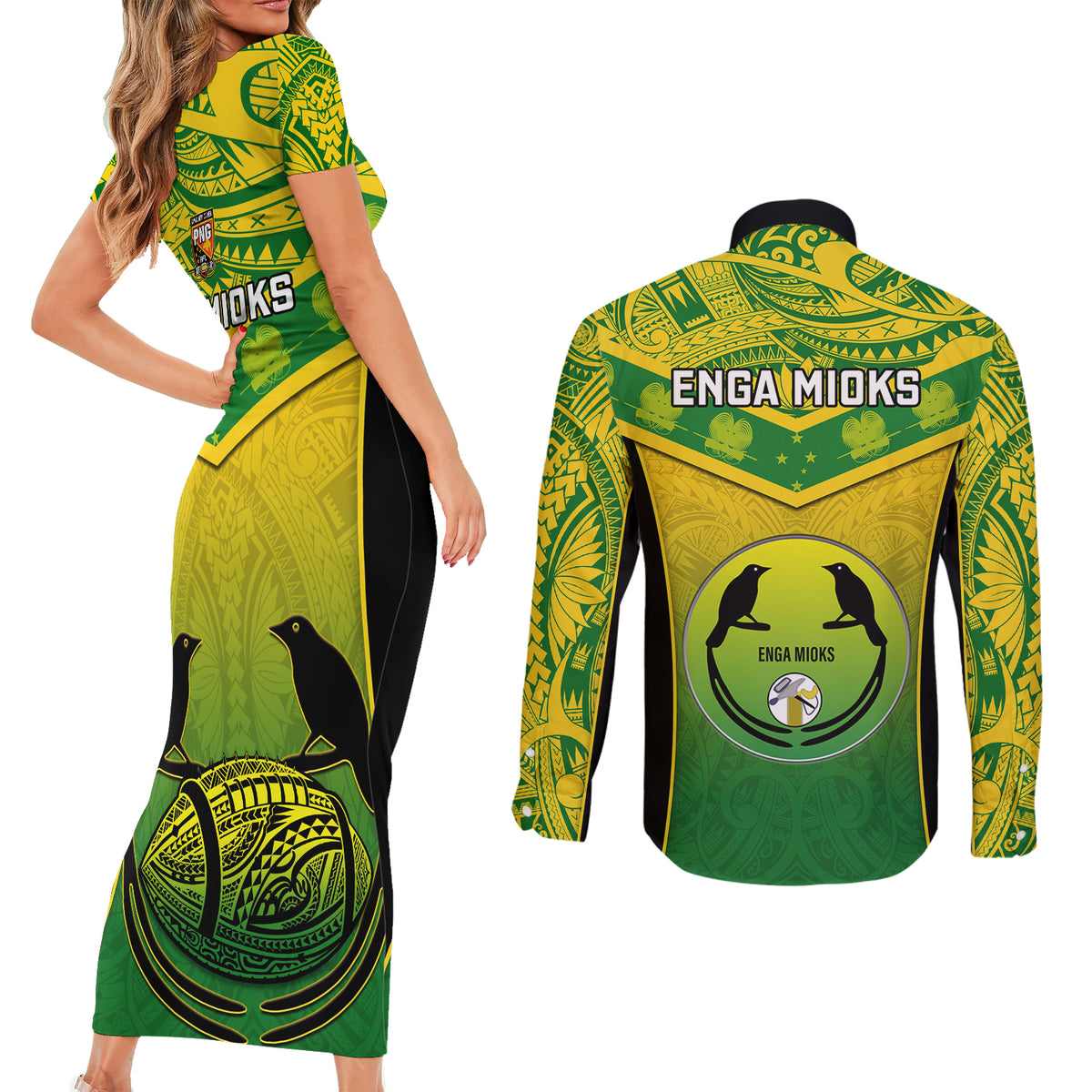 Papua New Guinea Rugby Couples Matching Short Sleeve Bodycon Dress and Long Sleeve Button Shirts Enga Mioks PNG Polynesian Pattern - Wonder Print Shop