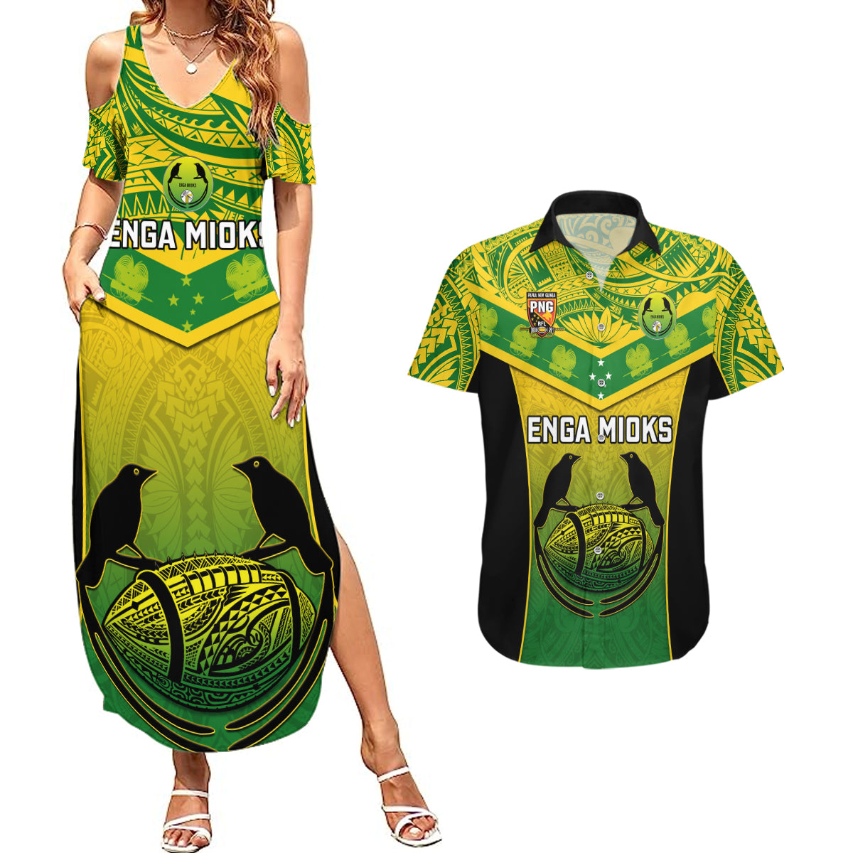 Papua New Guinea Rugby Couples Matching Summer Maxi Dress and Hawaiian Shirt Enga Mioks PNG Polynesian Pattern - Wonder Print Shop